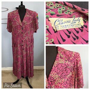 Vtg 40s Plus Size Rayon Pink/Purple and Black Pin Novelty Print Shirt Dress